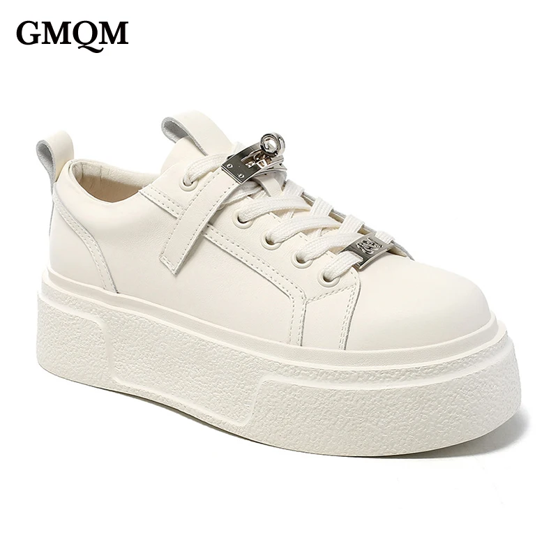 GMQM Genuine Leather Brand Fashion Women‘s Sneakers Sport Vulcanized Shoes Round Toe Flats Skateboard Shoes Street Walking Shoes