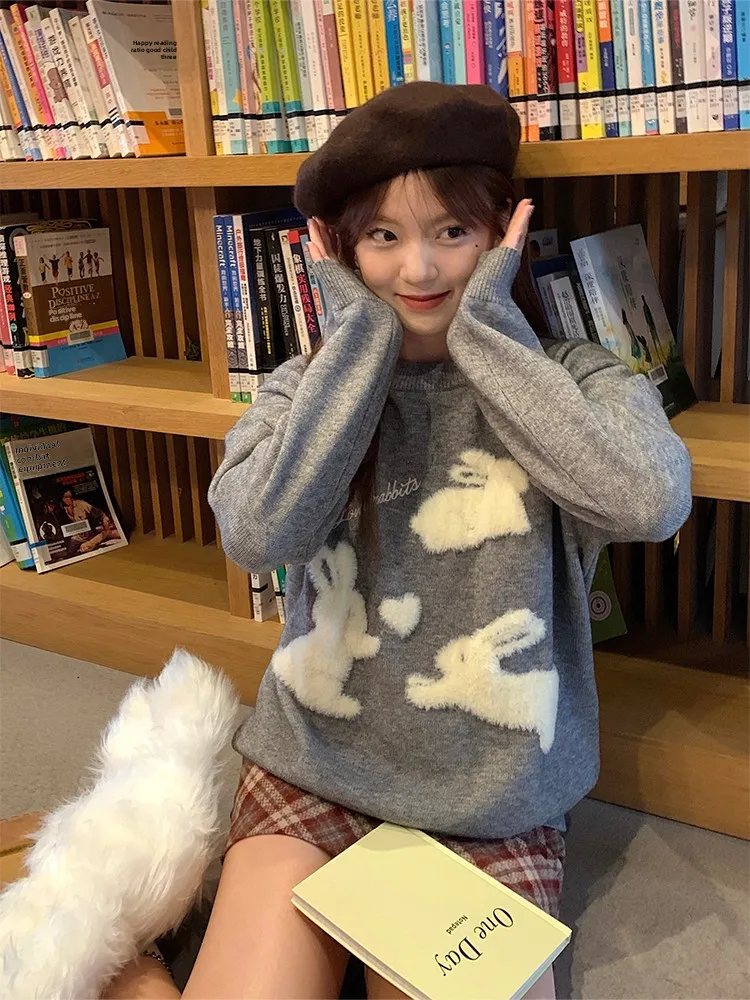 Sweet Sle round Ne Knitted Sweater ort Loose Animal Design Overhead Salted Plum JK Rabbit Cute Top for Women Winter 2024