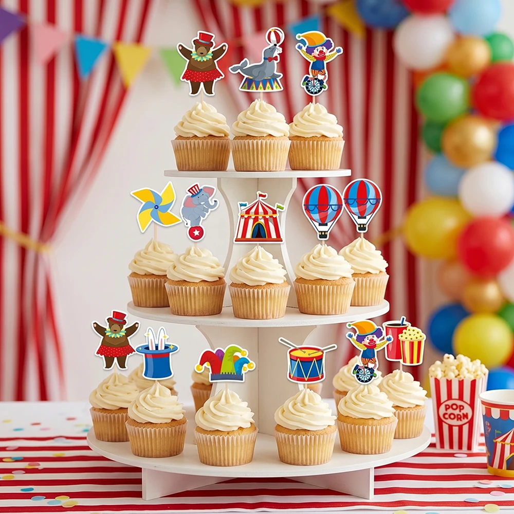 Kit de 24/48 Adornos para Cupcakes con Temática de Circo y Carnaval, Decoración para Pasteles y Postres, para Fiestas de Cumpleaños, Baby Shower y Celebraciones