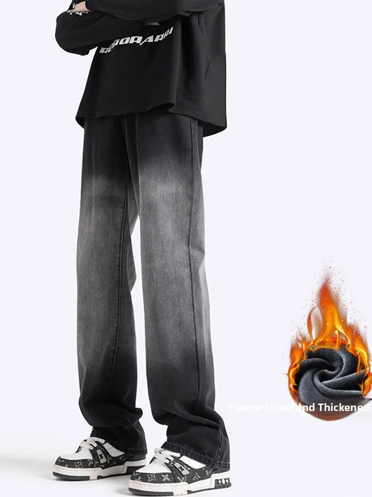 

Мужские джинсы в стиле ретро с флисовой подкладкой, американский стиль, универсальные, свободные, широкие, прямые, зимние, повседневные