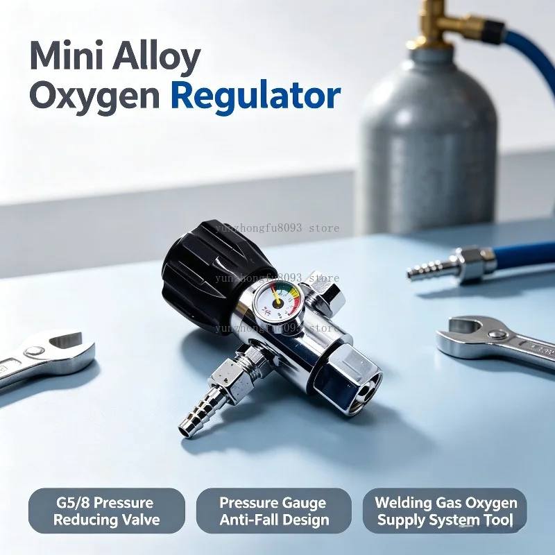 Mini Alloy Oxygen Regulator, G5/8 Pressure Reducing Valve with Pressure Gauge and Anti-Fall Design for Welding Gas