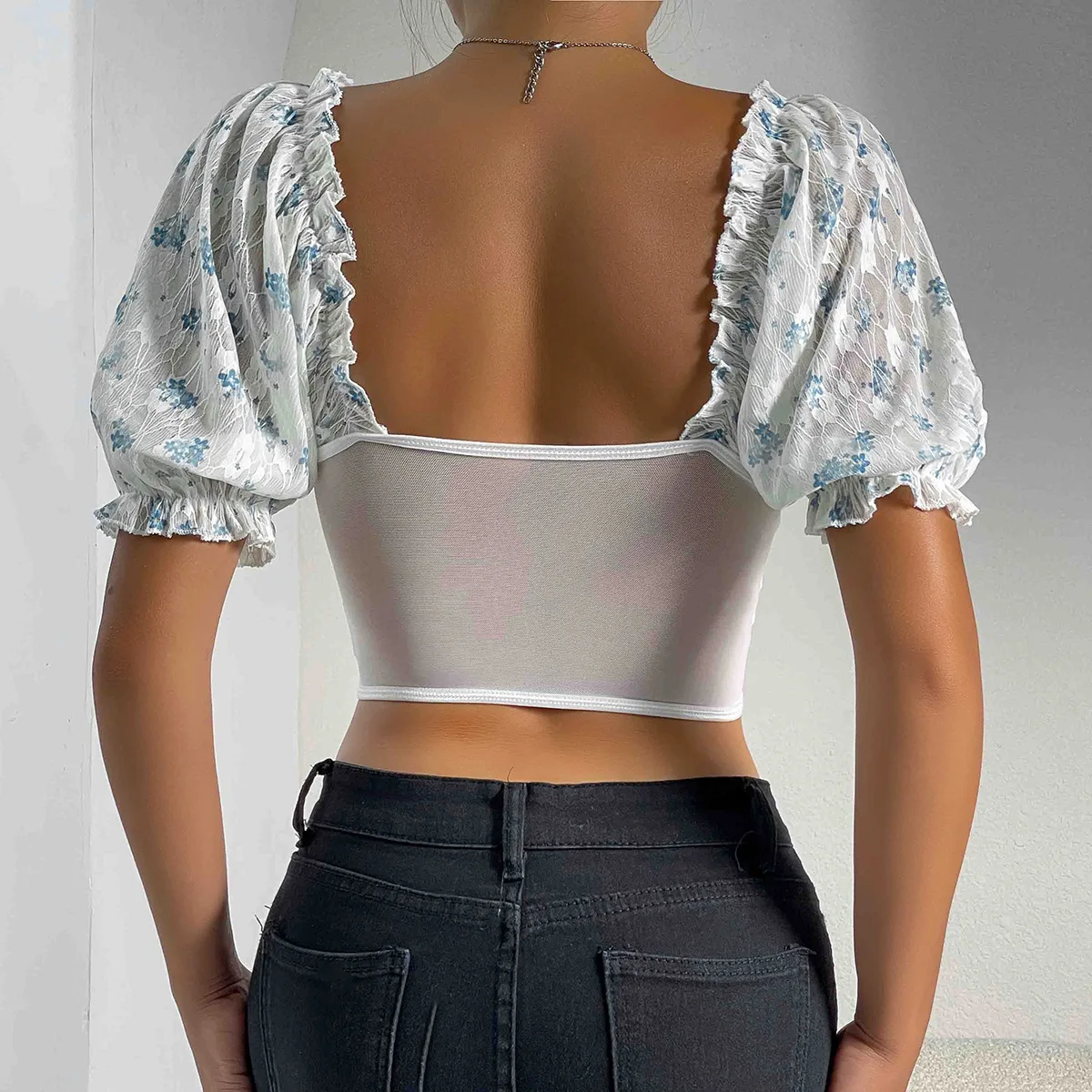 เซ็กซี่ Sheer Lace Bustier ดอกไม้สีขาวพิมพ์ Crop Tops ผู้หญิง Ruffle Trim Underwire Corset Top Boning Push Up Bralette Clubwear