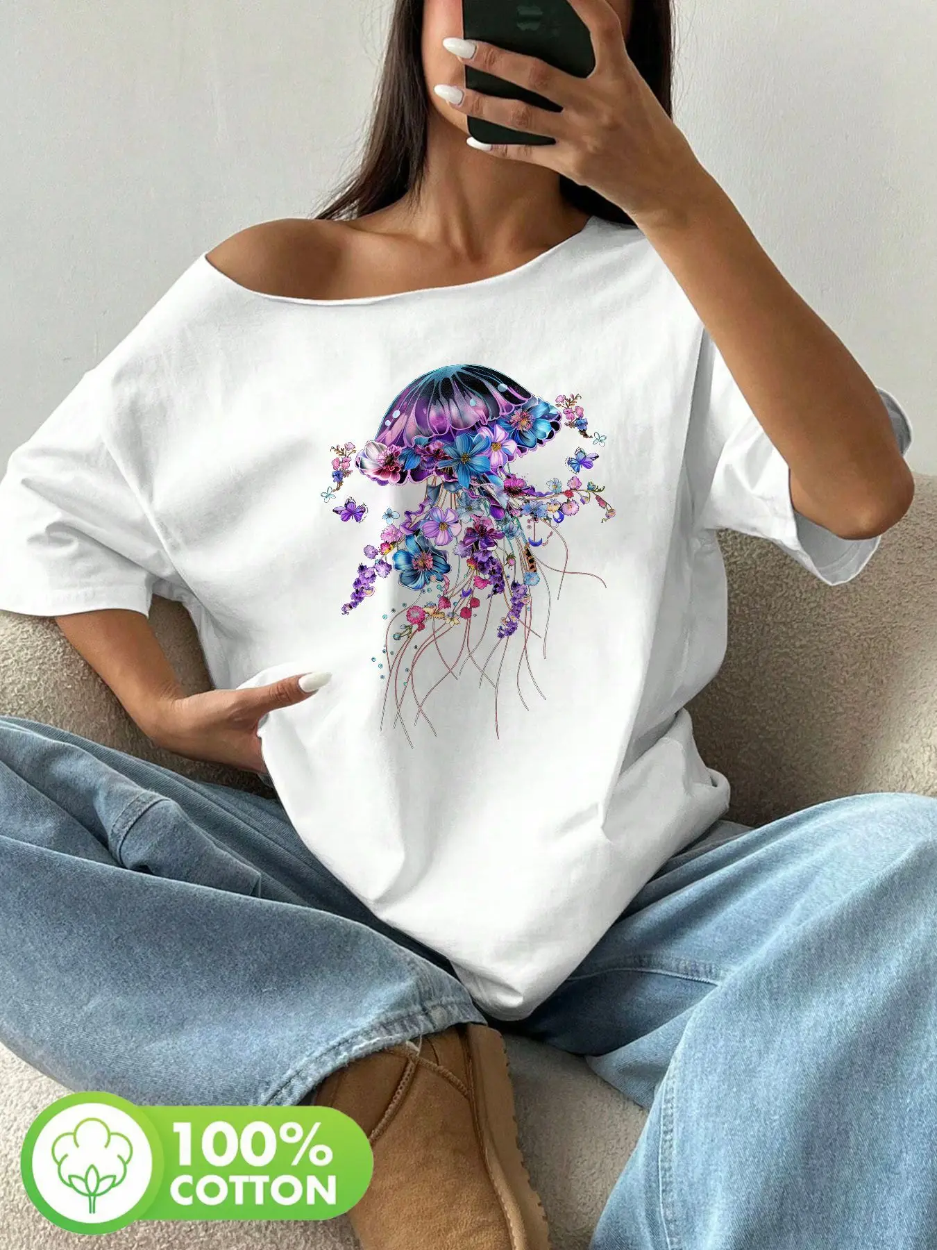 

Plus Size 100% Cotton Shoulder Loose Print T-Shirt Oversized Y2K Style Graphic Tees Women Tops Summer Off The Shoulder Top wi