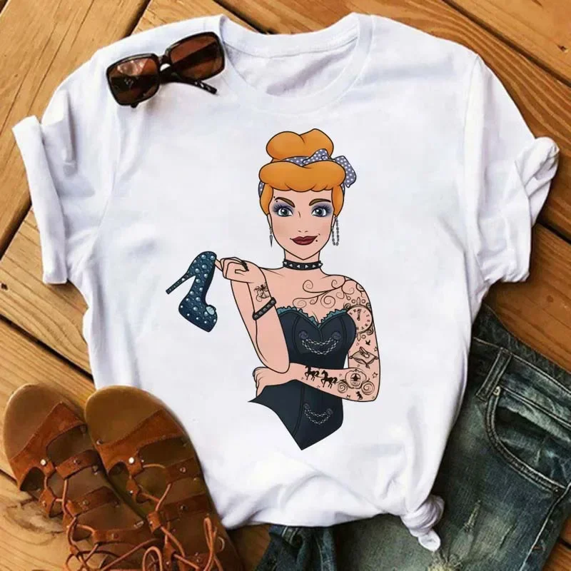 Punk Tattoo Princess Elsa Anna Printed T-Shirt Cartoon Summer Street Style T-Shirt Fun Casual Women's O-Neck Loose T-Shirt