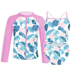 Kids Girls Swimsuit Swimwear Sets Sleeveless Tops with Briefs and Long Sleeves Front Zipper Coat Beachwear Outfits Bathing Suits