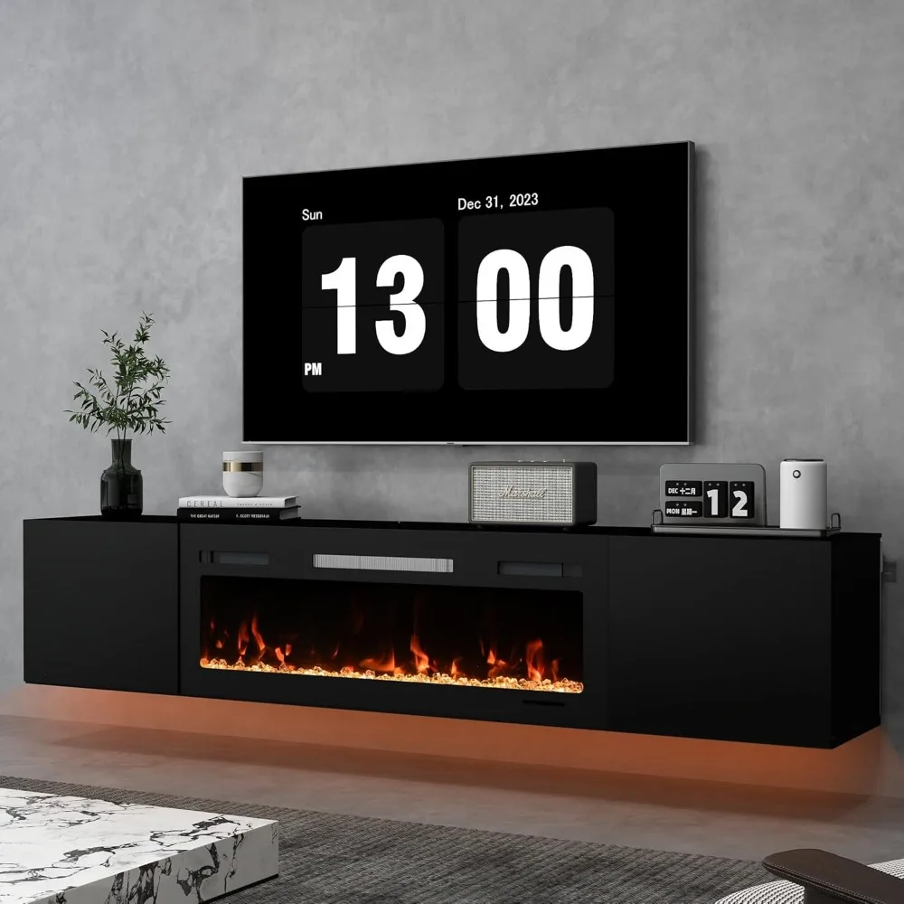 

Плавающая подставка для телевизора с 40-дюймовым электрическим камином, 80-дюймовая настенная полка для телевизора со шкафом для хранения, современный развлекательный центр