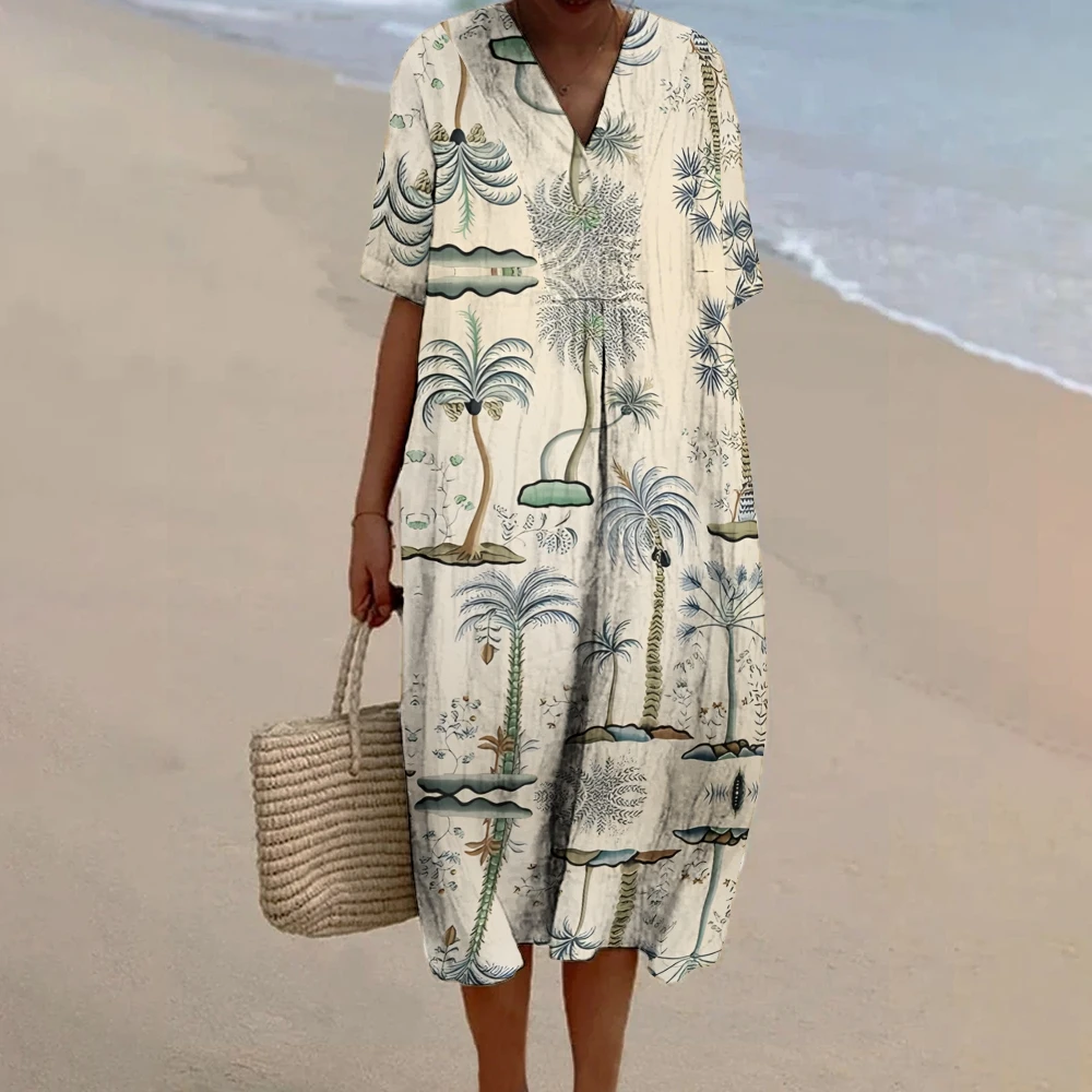 

Women's Casual Coconut Tree Print Hawaiian Vacation Dress V Neck Half Sleeve Longuette 1-Piece Oversize Frock Summer Elegant