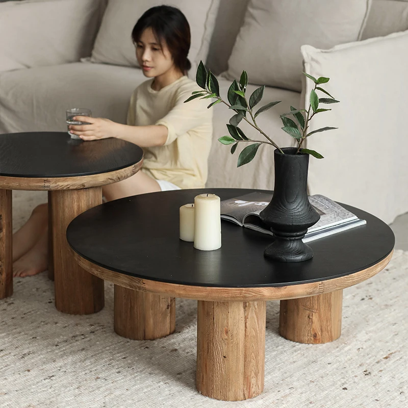 

Three-Legged round Tea Table Solid Wood Old Pine Small Apartment Living Room Home Japanese Retro Table