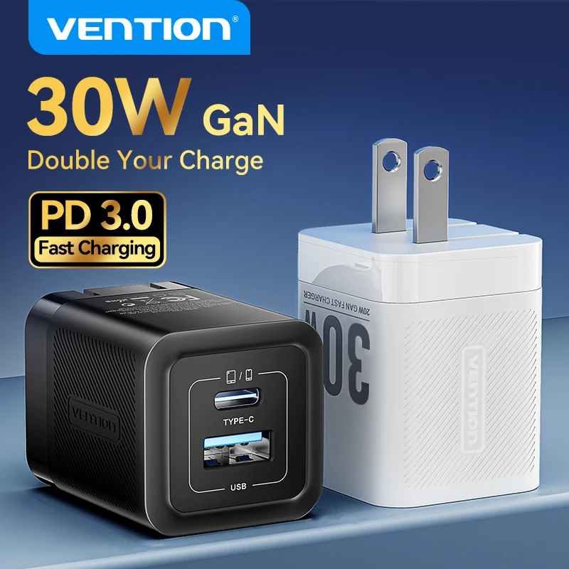 

Зарядное устройство GaN USB C Vention 30 Вт, быстрое зарядное устройство PD3.0 QC3.0 для iPhone 16 15 14 Pro Samsung Xiaomi iPad Pro, складной дорожный адаптер