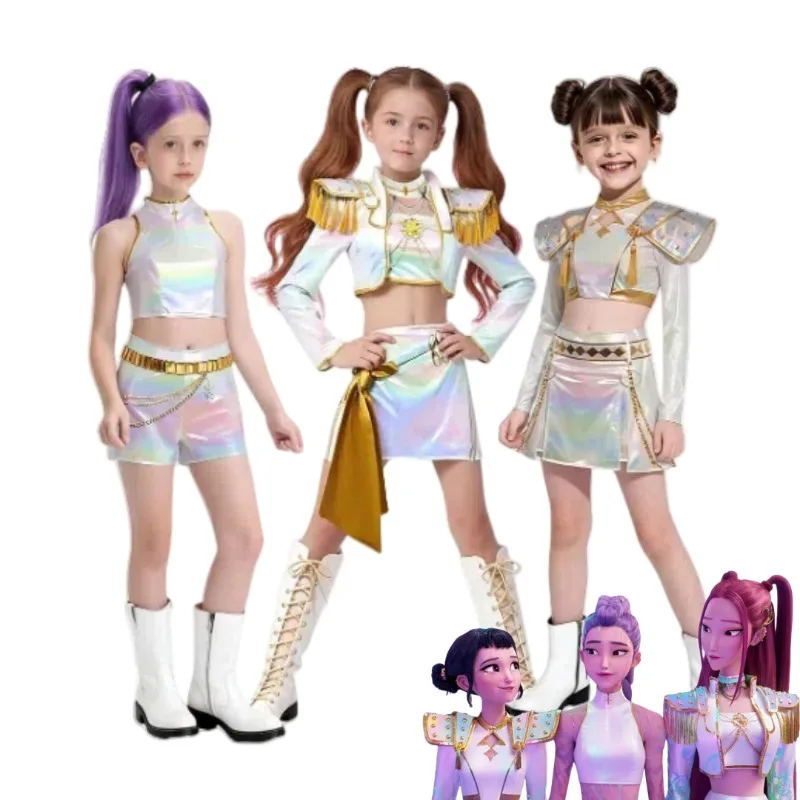 

Kids Kpop Demon Hunters Zoey Rumi Mira Cosplay Costume White Golden Uniform Wig for Children Girls Halloween Stage performance