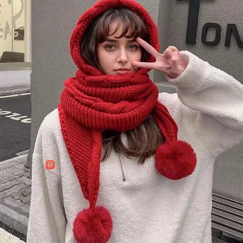 Women's Winter Hat Scarf Set - Thermal Wool Pom Beanie&Balaclava for Extreme Cold Versatile Hat with Attached Scarf Knitted Hat
