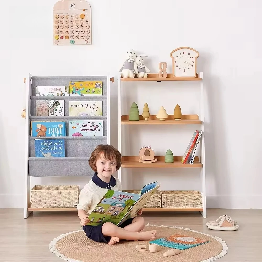 Toy Storage Organizer With 5 Sling Adjustable Shelf 4 Tier Kids Bookshelf Baby Toddler Book Rack Children Bookcase