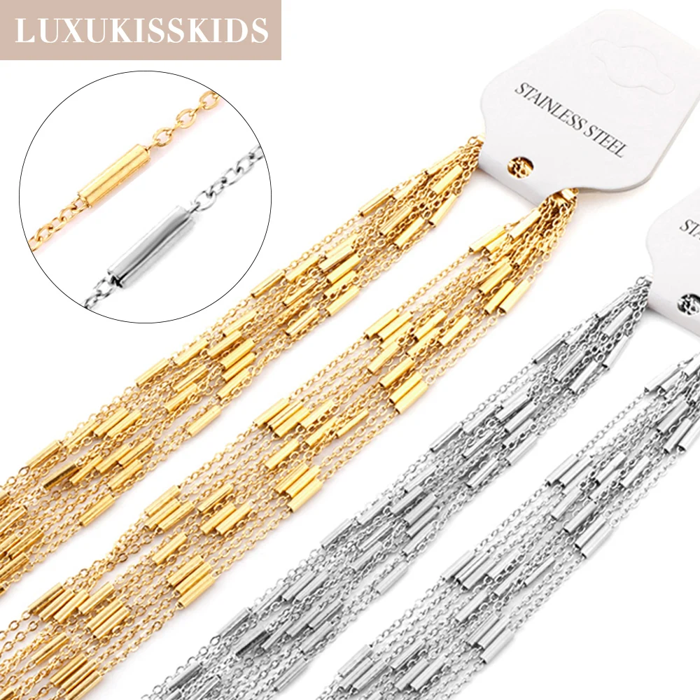 LUXUKISSKIDS Stainless Steel Chains For Wholesale 0.4mm Cross Chain With Steel Pipe Tube Mix Chain 5pcs Package Gold Steel Color