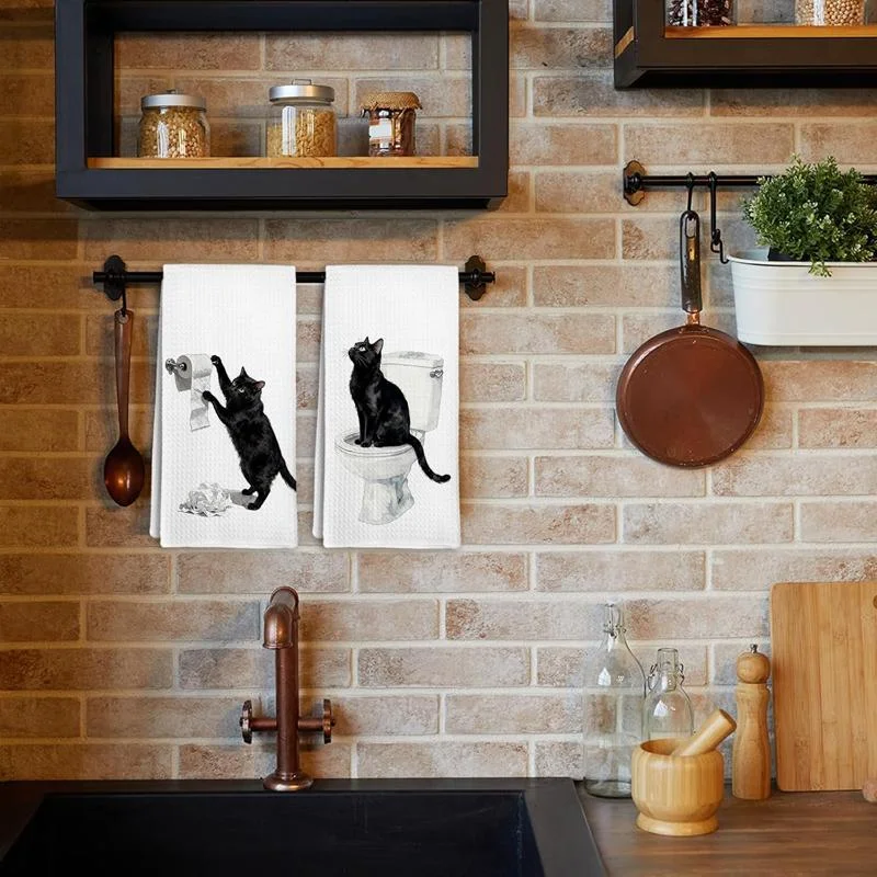 2-Pack of Kitchen Towels with Fun Black Cat Pattern Design, 100% Microfiber Knit Fabric, Modern Rectangular Shape, Machine Washable, Ultra-Fine Weave, Cartoon-Themed Decorative Dish Towels, Perfect for Housewarming, Gifts for Mom and Friends
