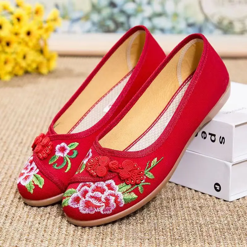 2024 Woman's New Spring Summer Ethnic Style Embroidered Canvas Shoe Soft Sole Non Slip Shallow Slip-On Flat Sole Ballet Shoes image 2