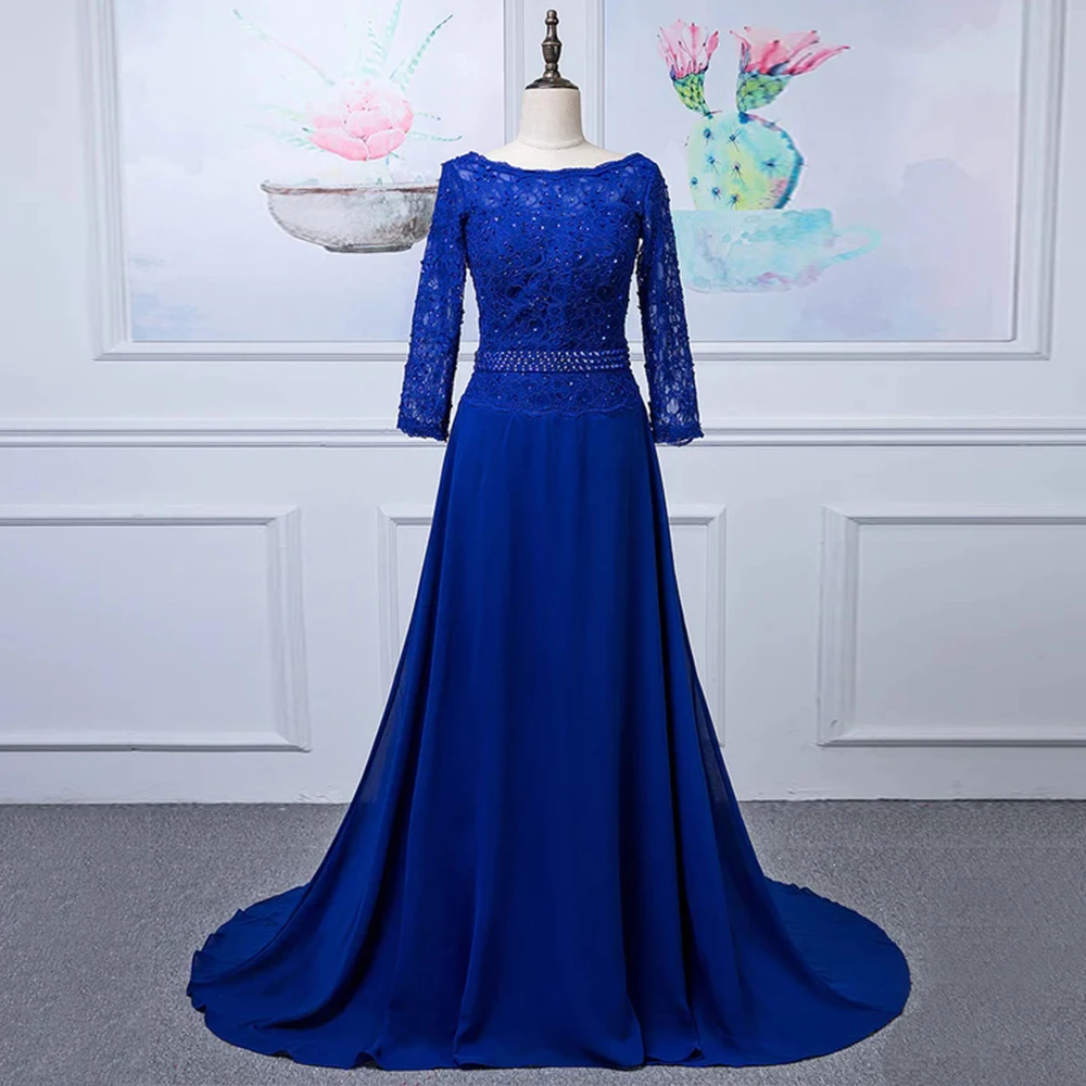 

Yipeisha Royal Blue A Line Scoop Wedding Party Gowns with Beading Belt Full Sleeve Mère Formelle Robes Charming Women Dress 2022