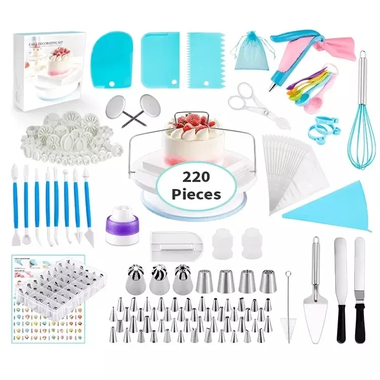 220 Pieces Plastic Baking Cake Accessories Tools Set Cake Buttercream Basics Decoration Nozzle Turntable Spatula