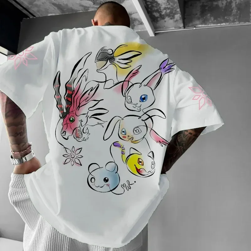 ديجمون مغامرة قميص الانمي 2025 الصيف الرجال والنساء جديد Tailmon مطبوعة Y2K فضفاض عادية Harajuku قصيرة الأكمام #1