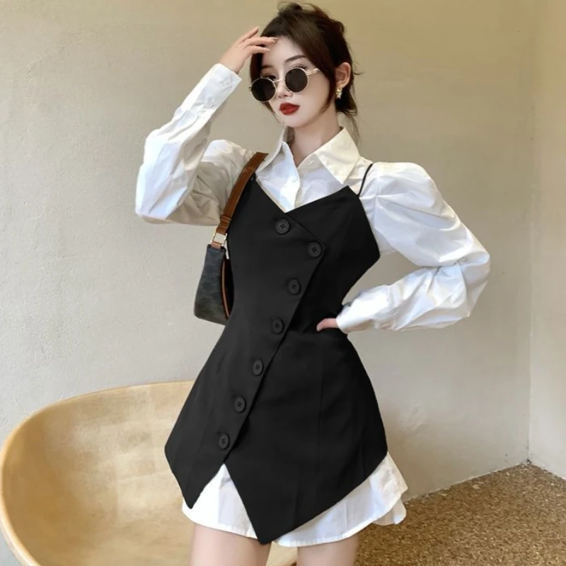 Sets Women Shirts Elegant Vests Asymmetrical Autumn Puff Sleeve Turn Down Collar Single Breasted Temperament Mature Party Cozy