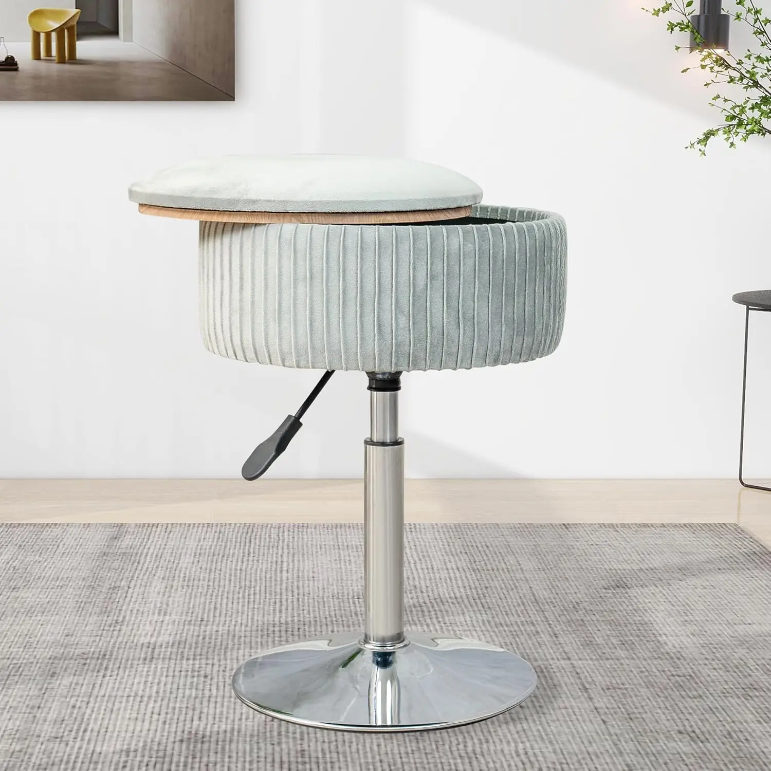 

Velvet Vanity Stool For Makeup Room, Round Storage Ottoman Height Adjustable Vanity Chair, 360° Swivel Footrest For Living Room