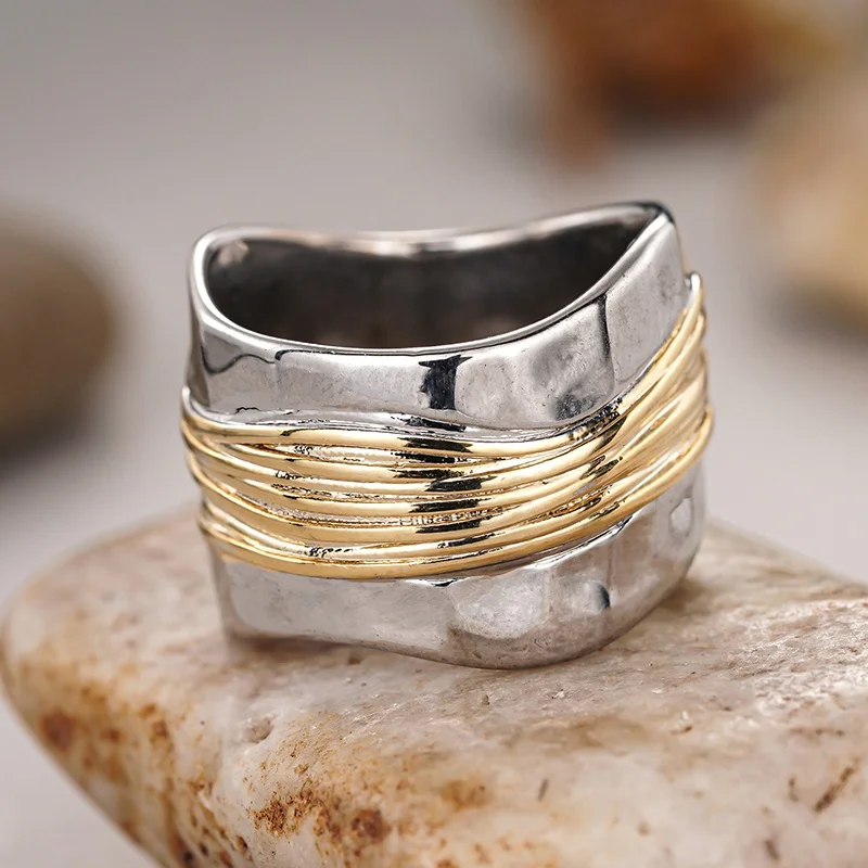 CAOSHI Metallic Geometry Rings for Women Two Tone Engagement Wedding Finger Accessories Special Interest Design Fashion Jewelry