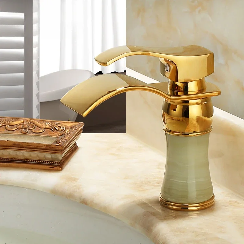 European Brass Jade Faucet  Waterfall Bathroom Tap  High-Pressure Anti-Clog Design  Hot and Cold Bathroom Fixture