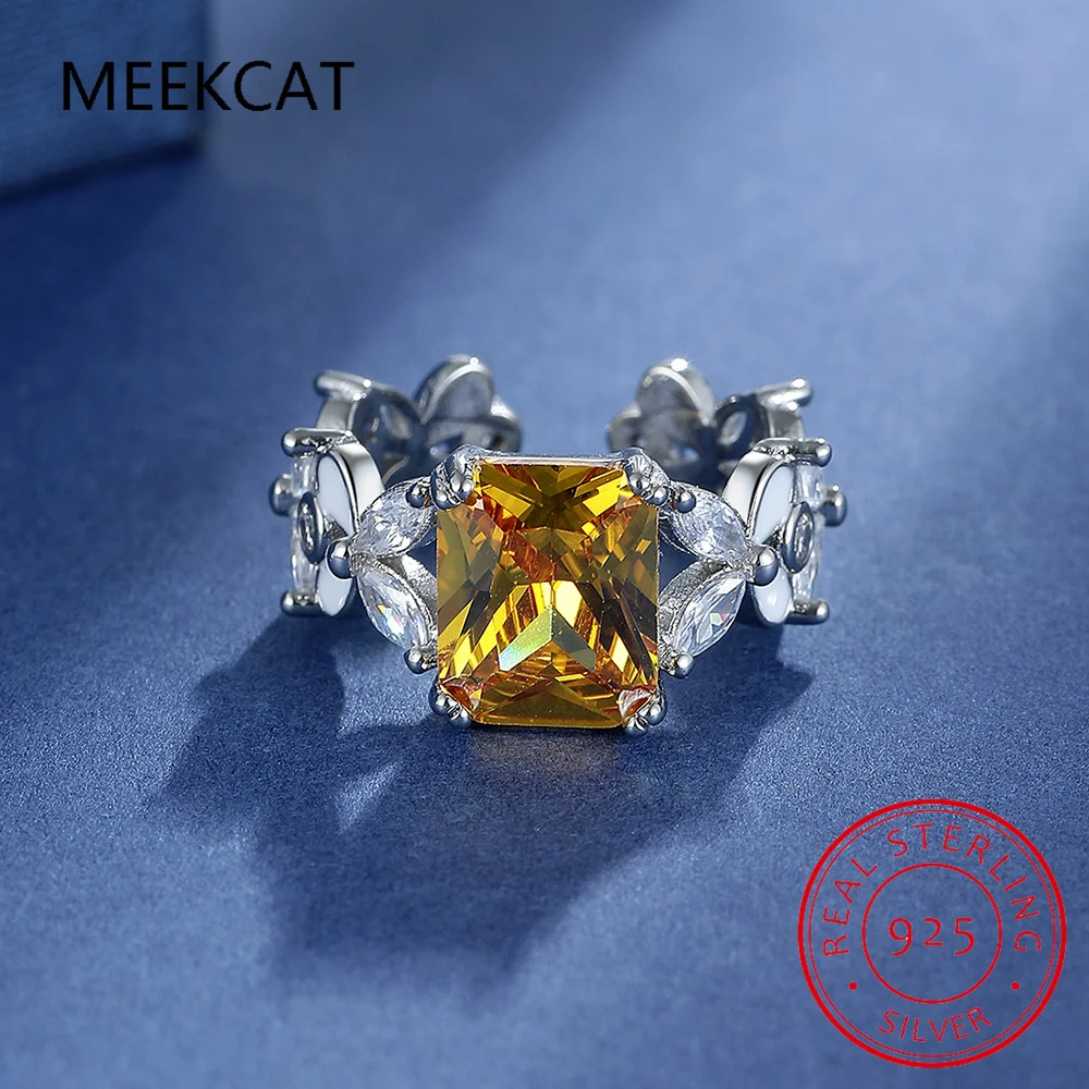 

Emerald Cut Natural Yellow Citrine 925 Sterling Silver Flower Ring Adjustable for Women Statement Fashion Gemstone Jewelry Gift