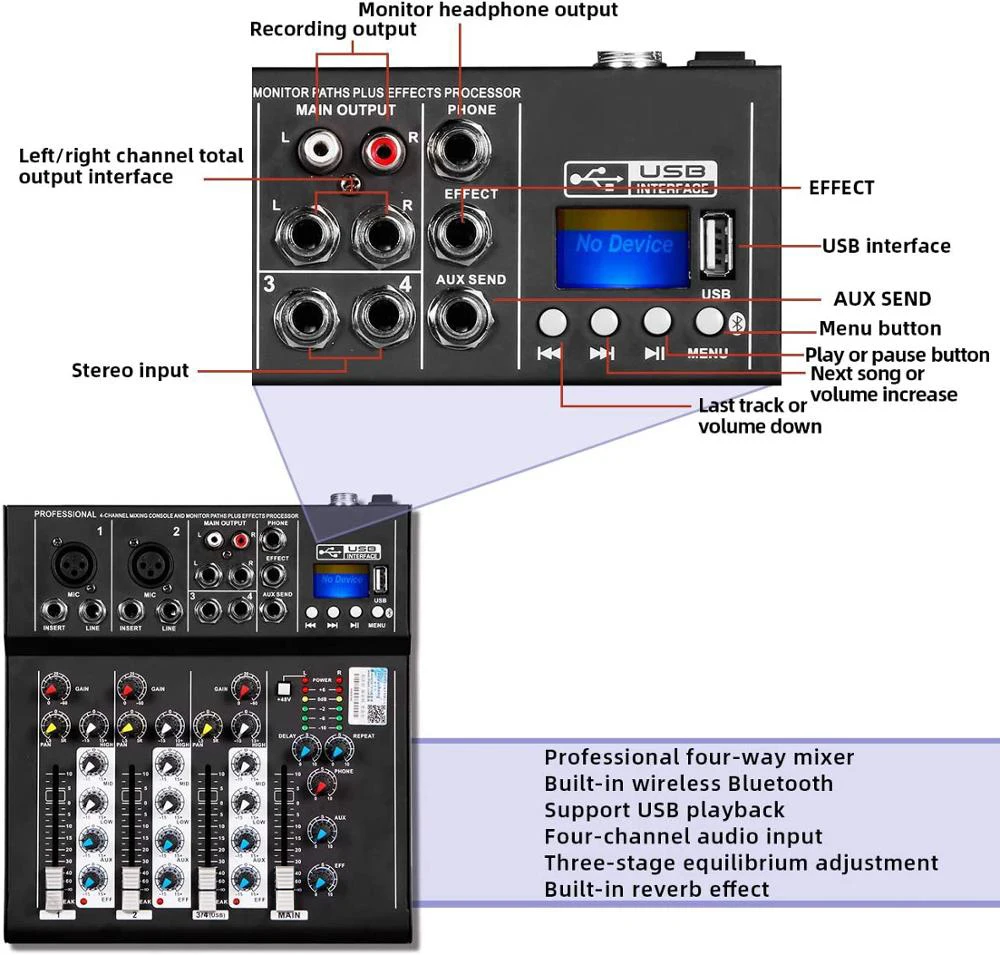 Mixer Audio deusheng F4 Console di missaggio Audio professionale a 4 canali con registrazione USB Bluetooth percorso Monitor di alimentazione Phantom 48V