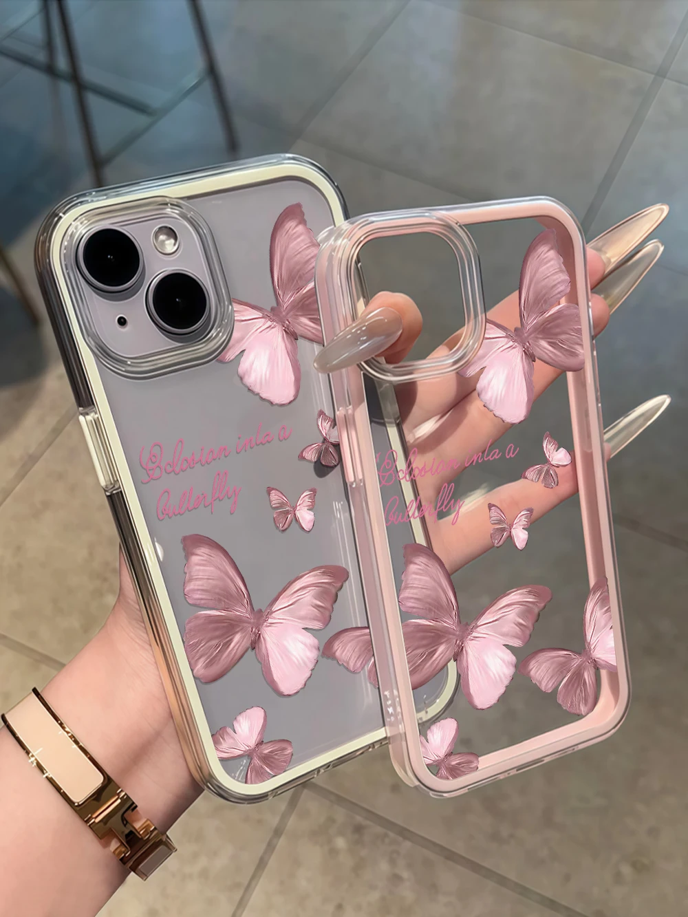Luftige, transparente rosa Schmetterlings-Handyhülle für Galaxy A57 A37 A55 A54 A36 A35 5G S25 S24 S23 Plus, transparente zweifarbige Airbag-Hülle – Detail 6