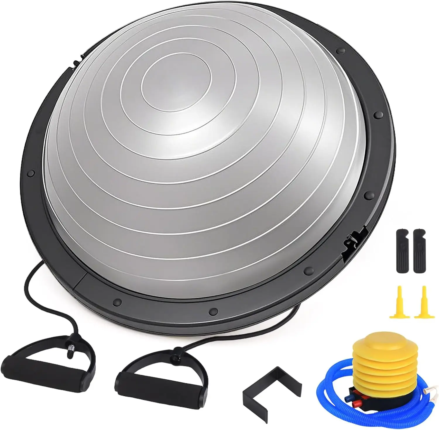 Entrenador de pelota de medio equilibrio, pelota de estabilidad de 26 pulgadas con bandas de resistencia, pelota de ejercicio con bomba de pie, gris