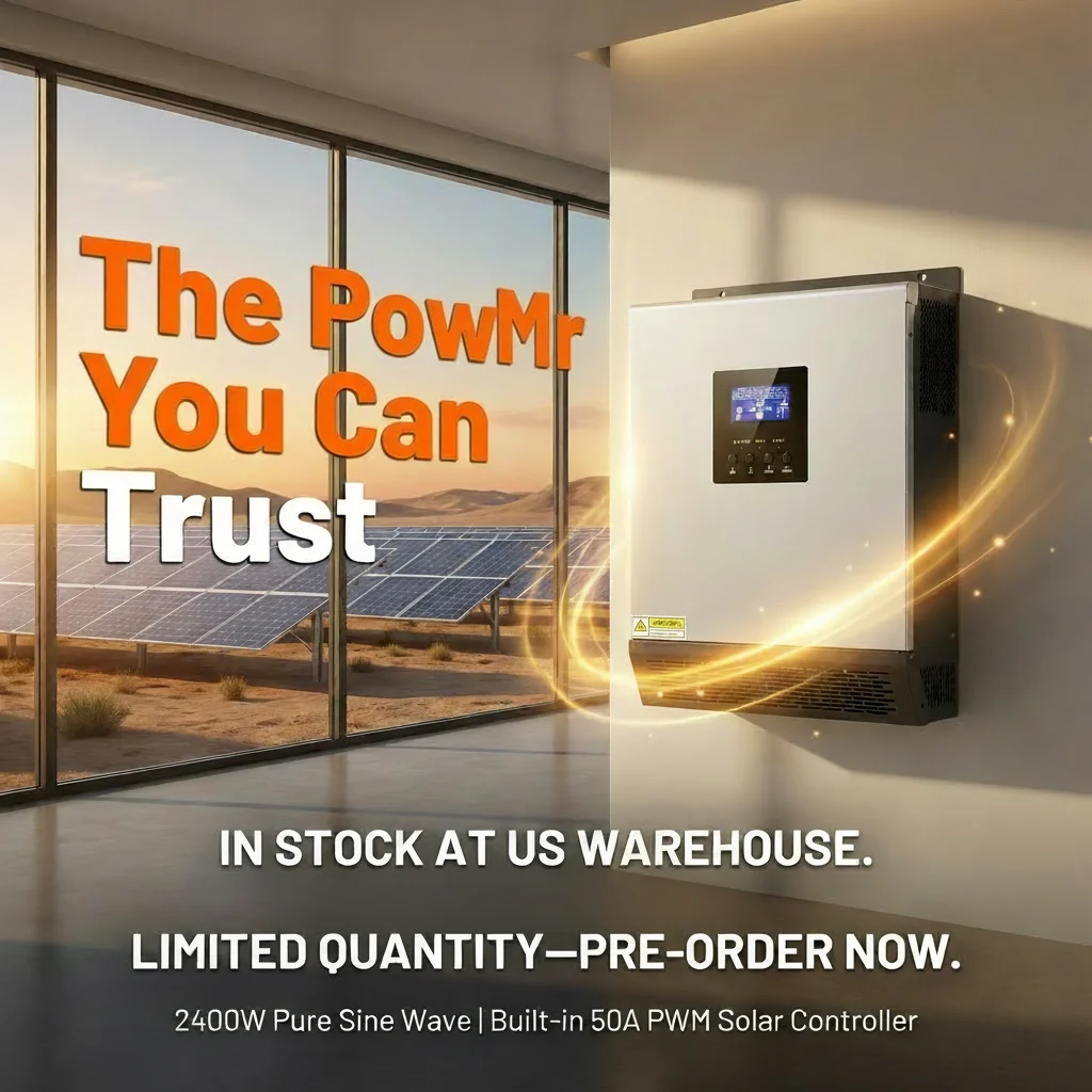 PowMr 2.4KW Pure Sine Wave Hybrid Solar Inversor 50A PWM Solar Charger Controller 24V DC to 120V AC Max PV Input 80Vdc Off-Grid