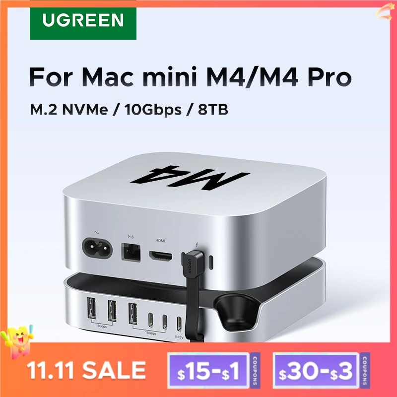 UGREEN USB HUB Docking Station for Mac Mini M4 M4 Pro M.2 NVMe SSD 8TB Max 10Gbps USB-A&C Ports SD&TF 170MB/s USB Splitter Dock