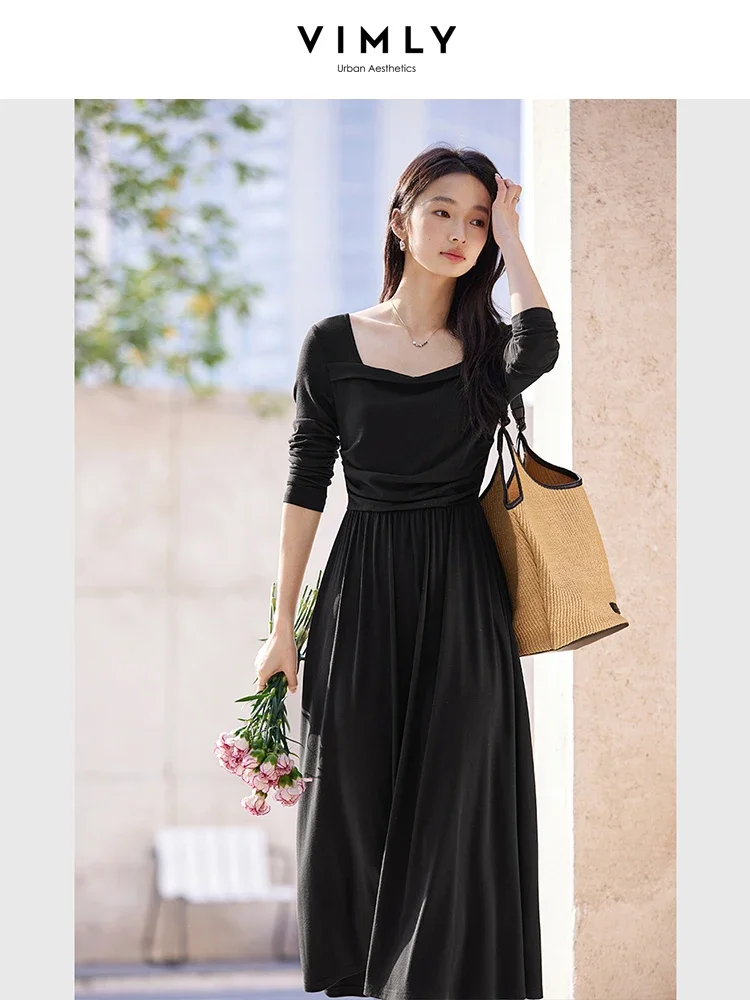 

VIMLY Women's Elegant Hepburn-style Slim Dress 2025 Spring Office Lady Square Neck Thin Fleece Simple Party Pleated Dress A0159