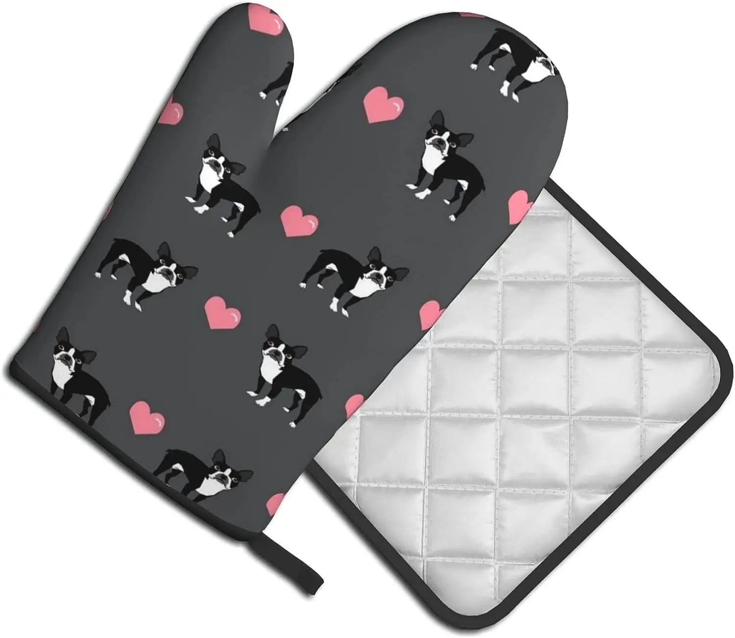 Boston Terrier Love Hearts Oven Mitts and Pot Holders Sets Heat Resistant Kitchen Microwave Gloves for Baking Cooking Grilling