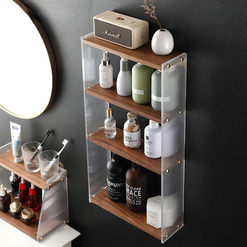 Light Luxury Solid Wood Bathroom Multi-Layer Bathroom Storage Rack Wall-Mounted Acrylic Niche Shampoo Shower Gel Storage Rack