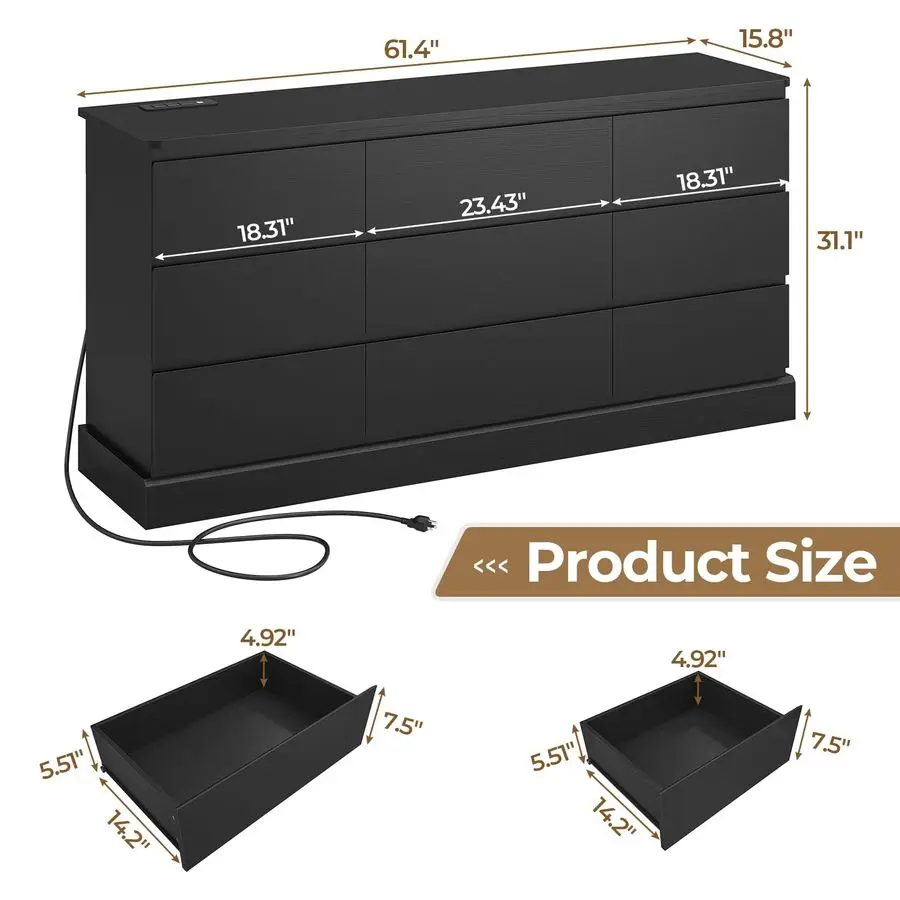 침실용 모던 블랙 서랍장, 9개의 서랍, 61.4인치 폭의 대용량 수납 서랍장, 긴 서랍장 TV