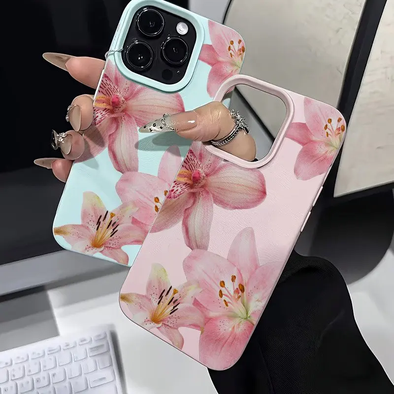 الوردي زنبق ليتشي الملمس قضية الهاتف لسامسونج غالاكسي S25 الترا S24 زائد S23 FE S22 S21 A56 A36 A25 A24 A54 A53 A55 A52 A35