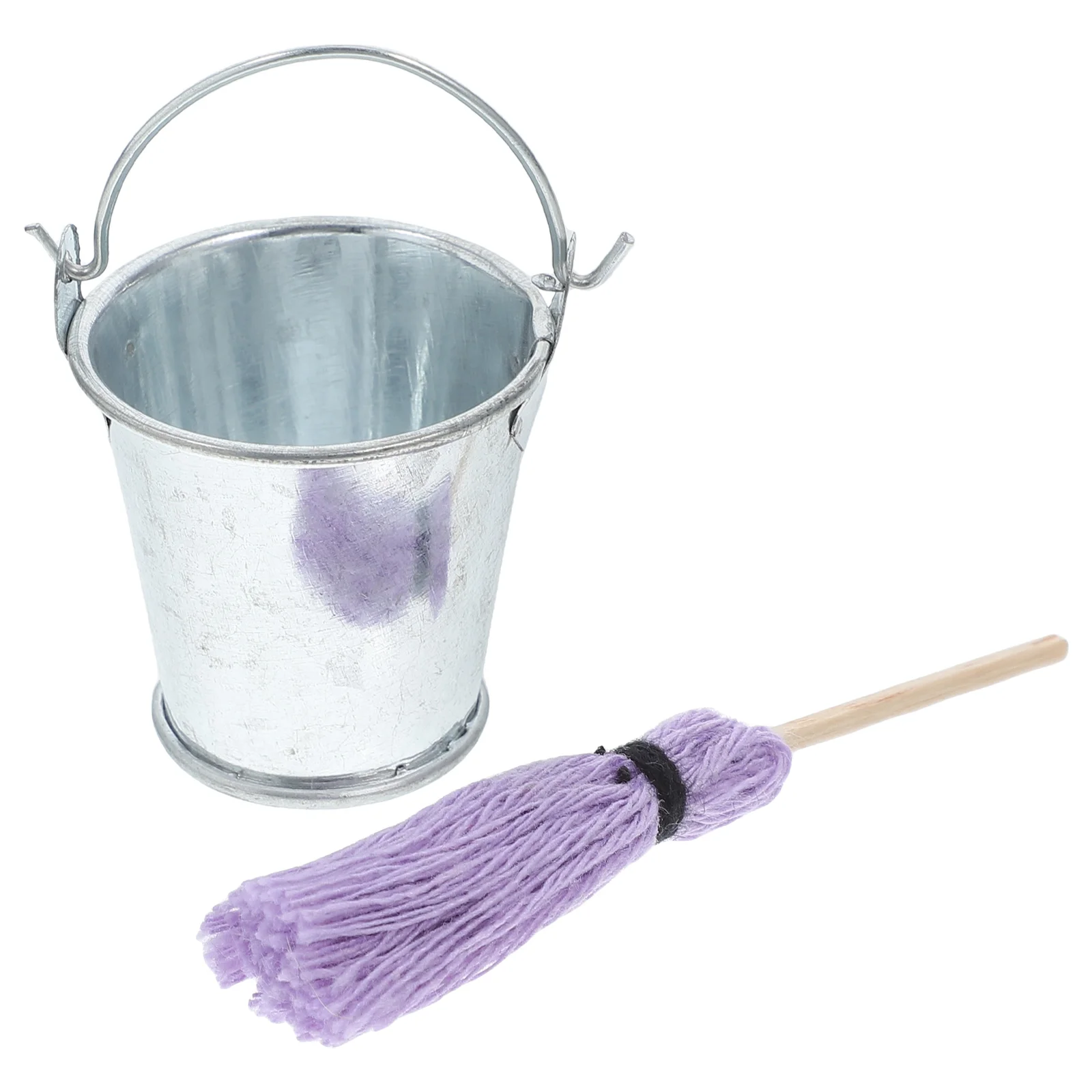

Miniature Dollhouse Mop and Metal Tin Bucket Realistic Floor Mop Cleaning Accessories Miniature Cleaning Set Small Bucket