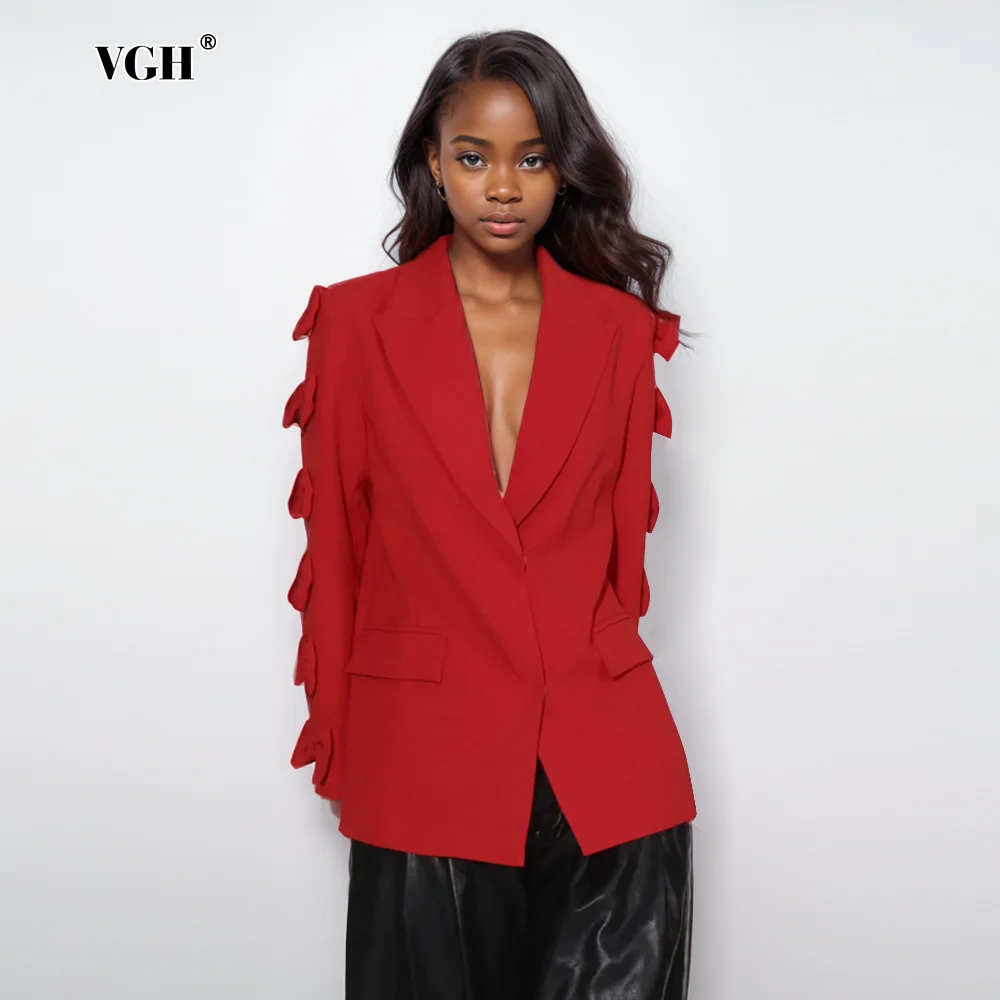 

VGH Elegant Patchwork Bowknot Solid Slimming Blazer For Women Notched Collar Long Sleeve Temperament Blazers Female Fashion New