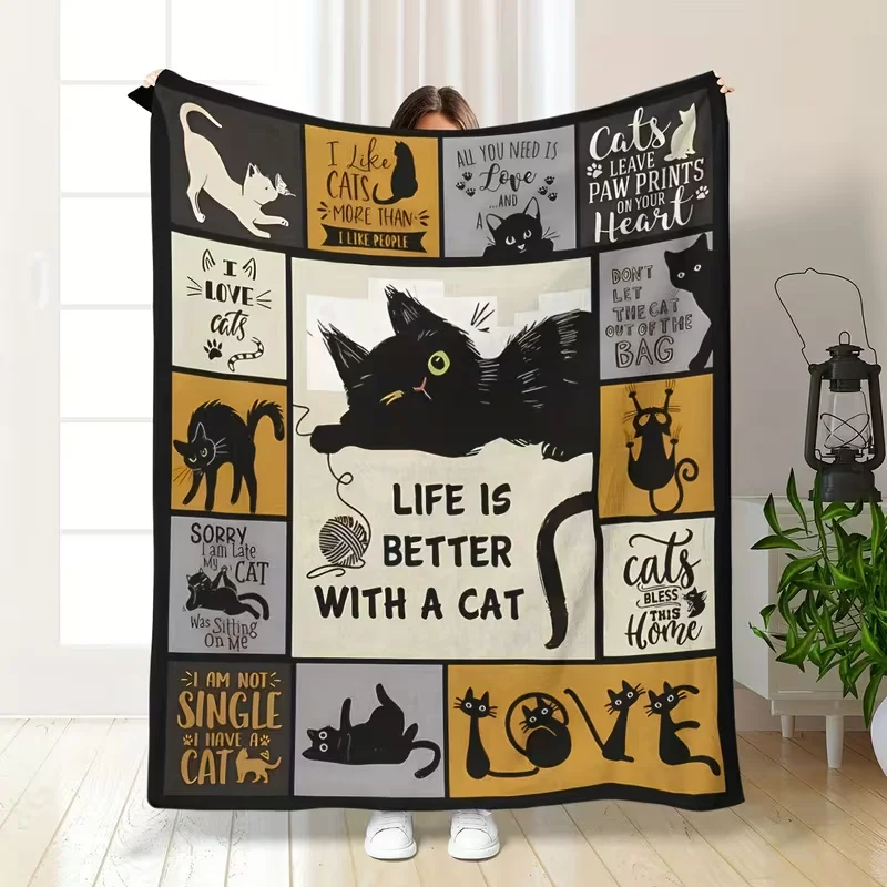 Whimsical Cat-Themed Throw Blanket - Cozy Flannel with Digital Print All-Season - Perfect for Sofa, Napping, Air Conditioning