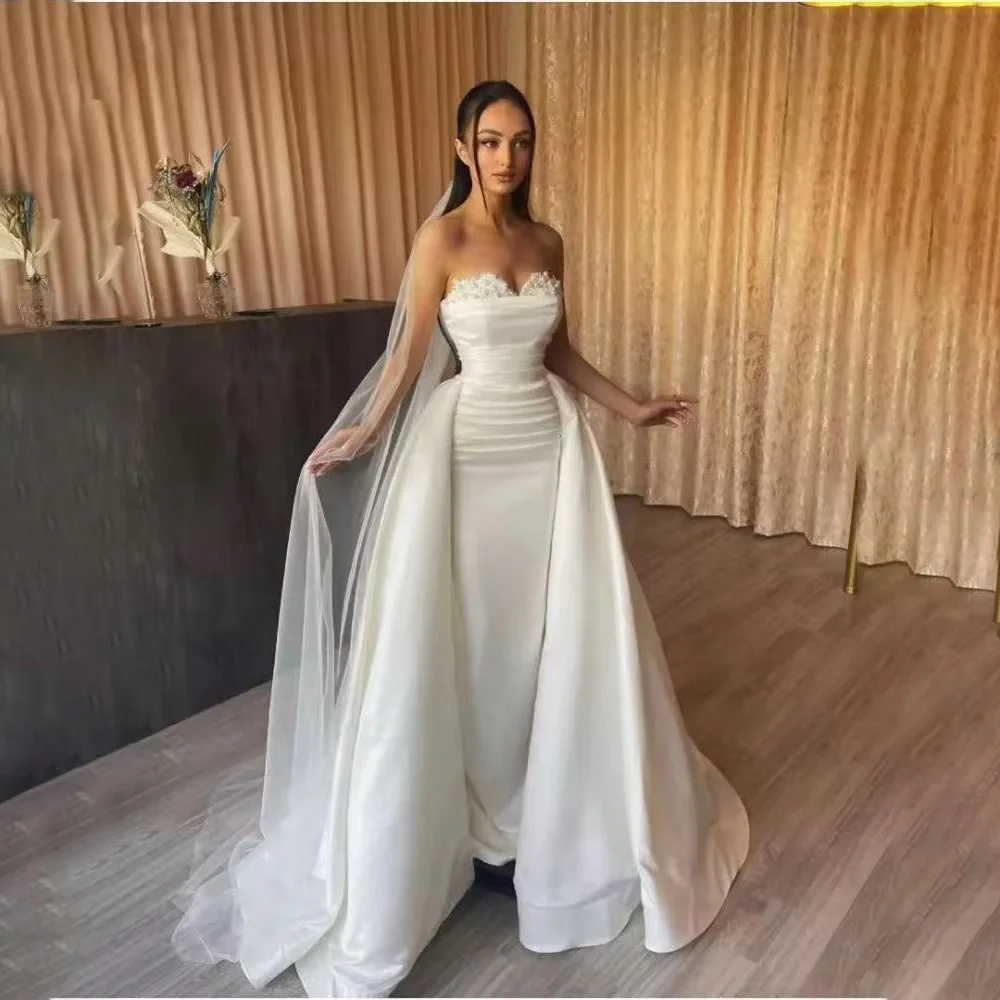 

exy White Wedding Dresses Lace Sweetheart Detachable Train Bride Dress Mermaid Satin Wedding Evening Gowns Customized