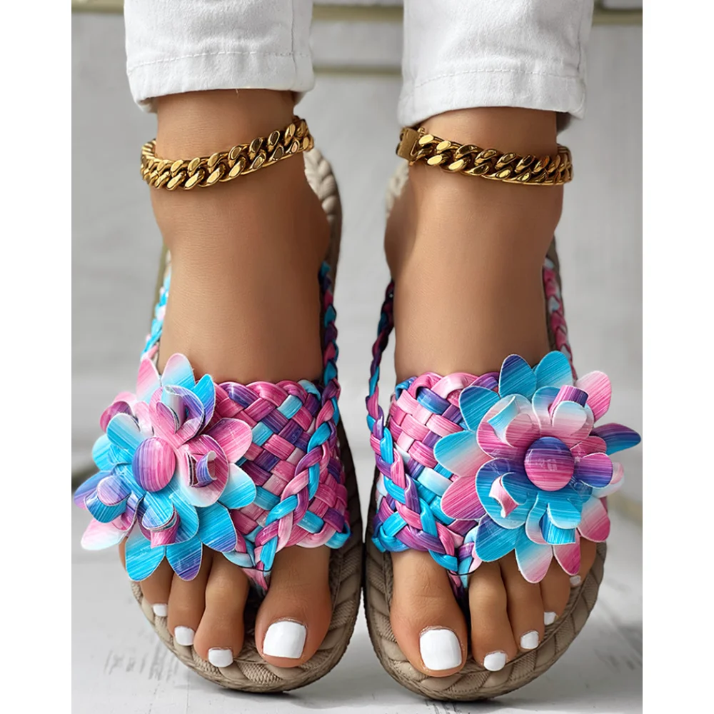 

Women Ombre Floral Pattern Braided Slippers for Beach Daily Out Door Vacation Footwear Summer Shoes