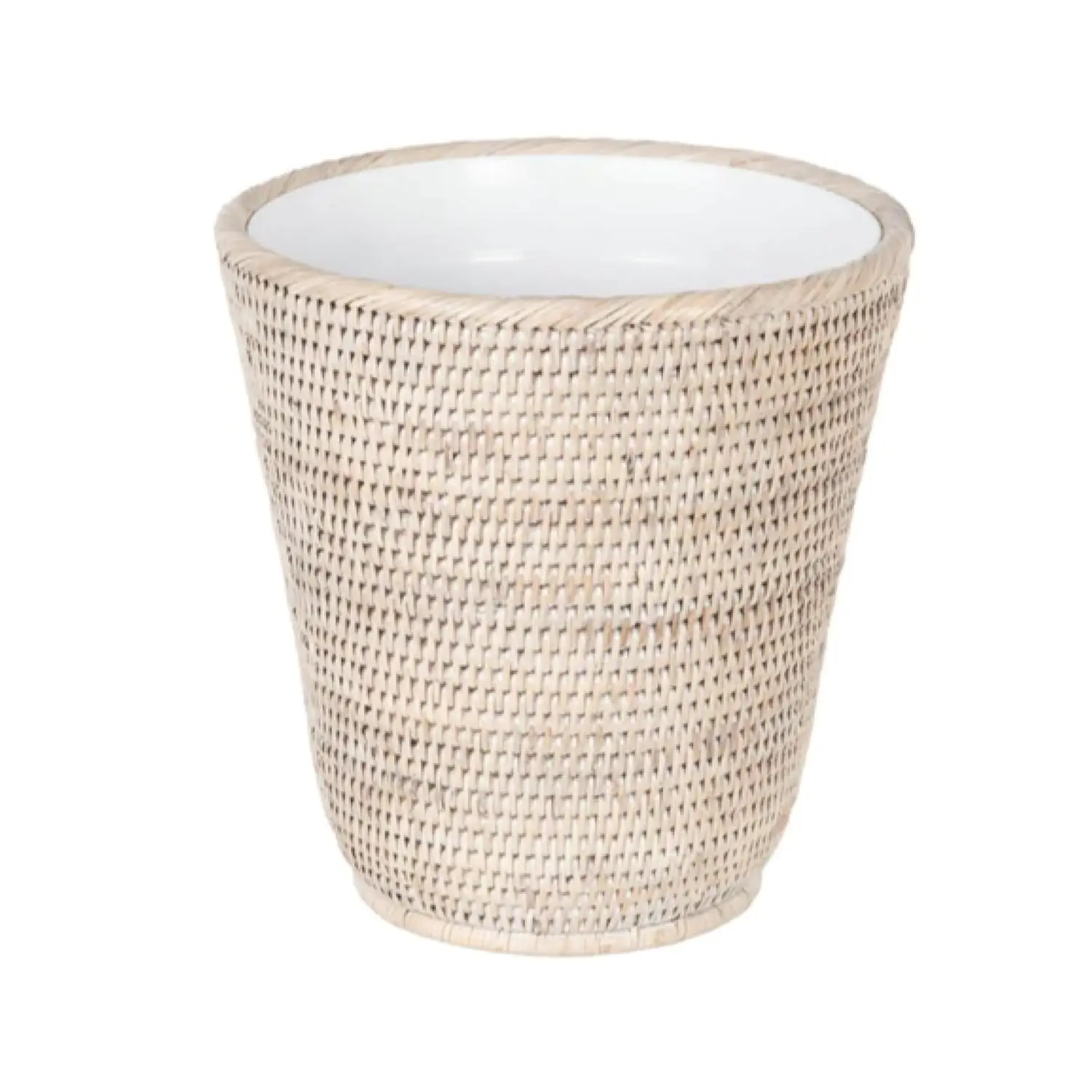 

Handmade Rattan Wastebasket with Plastic Insert, 2-Gallon, White Wash, Small Trash Can for Bedroom, Bathroom, Vanity, RV, Dorm