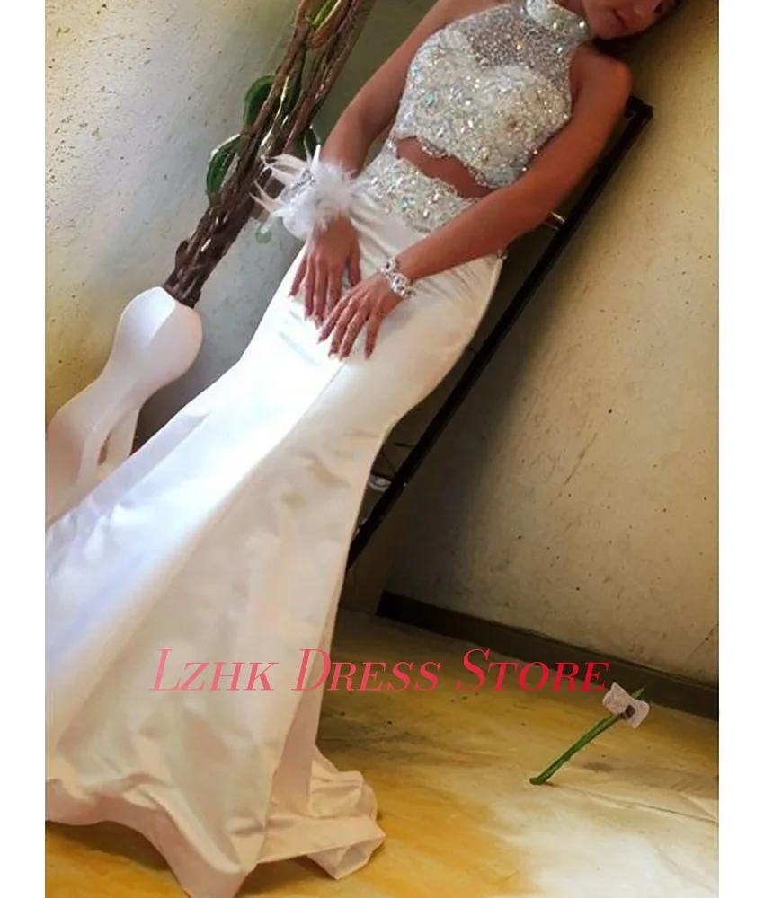 Personalizado de luxo cetim sereia cristal lantejoulas vestido noite sexy halter sem mangas até o chão vestidos de ocasião sob medida