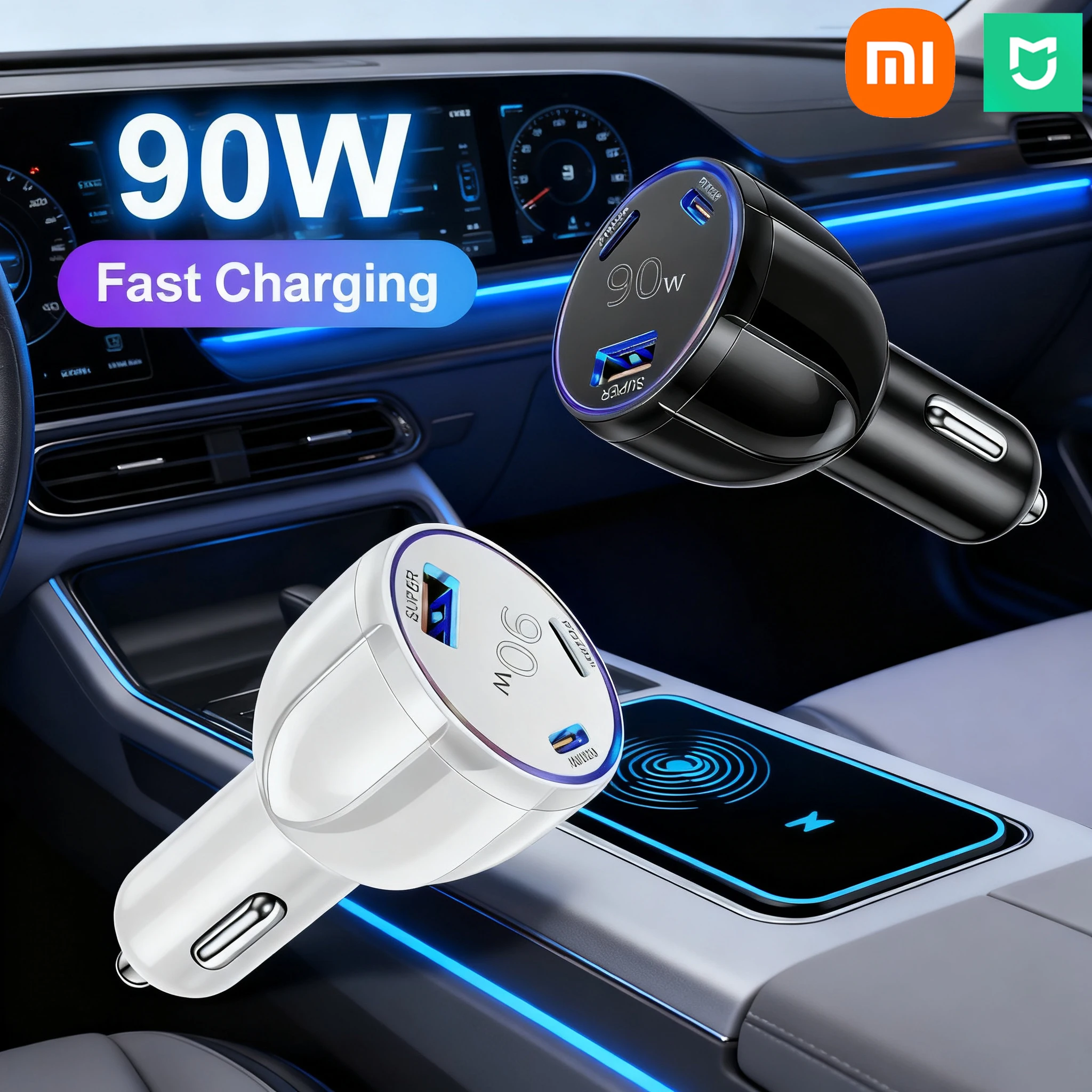 Xiaomi Mijia 90W Fast Charger Multi-Port Car Charging Mobile Phone Type-C Quick Charger In Car Adapter For IPone Samsung Huawei