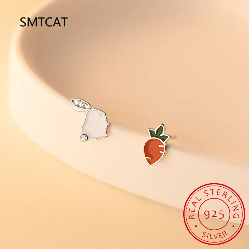 Girls 100% 925 Sterling Silver Cute Rabbit Carrot Stud Earrings for Daughter Fine Birthday Jewelry Gift DS3962