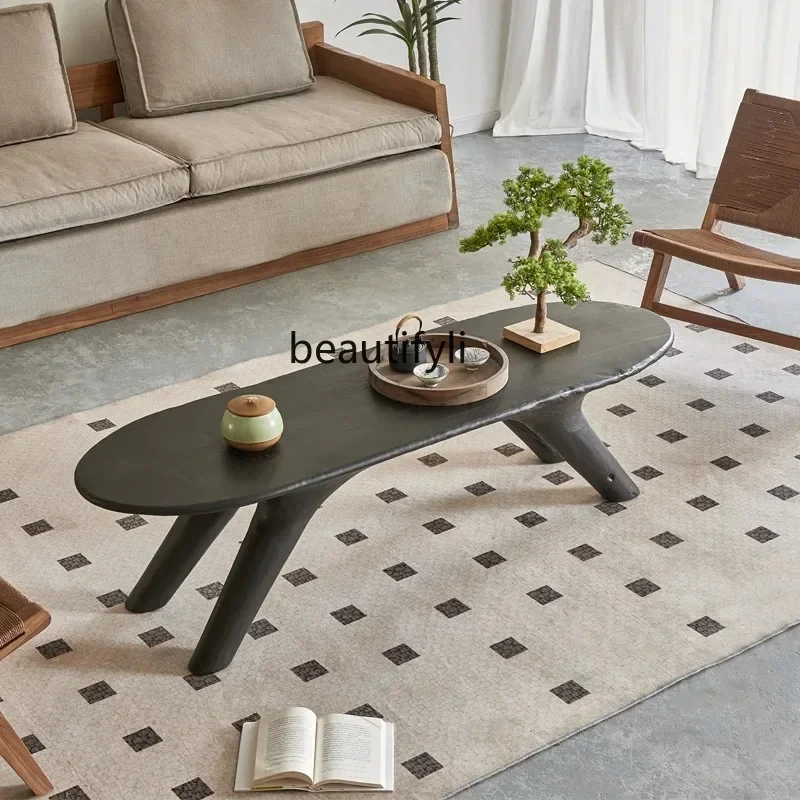 

a485 Wabi-Sabi Style Solid Wood Large Coffee Table Natural Wood Furniture Black Coffee Table for Homestays and Hotels Sofa Side