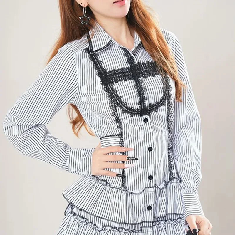 Fashion Gothic Y2K Ghost Dresses Gothic Striped Shirt Dress Long Sleeves Halloween Outfit Kawaii Lolita A-line Dress Girls New
