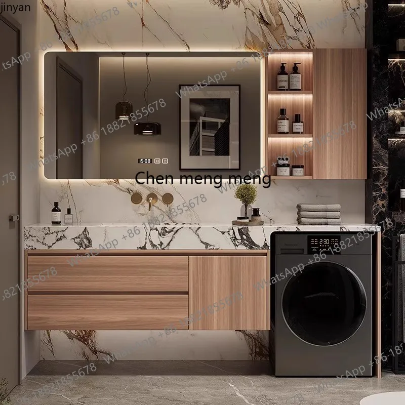 

Туалетный столик для ванной комнаты с плитой, керамическая раковина, настенный шкаф для хранения вещей в ванной комнате из фанеры с выдвижным ящиком и дверцами, шайба из спеченного камня