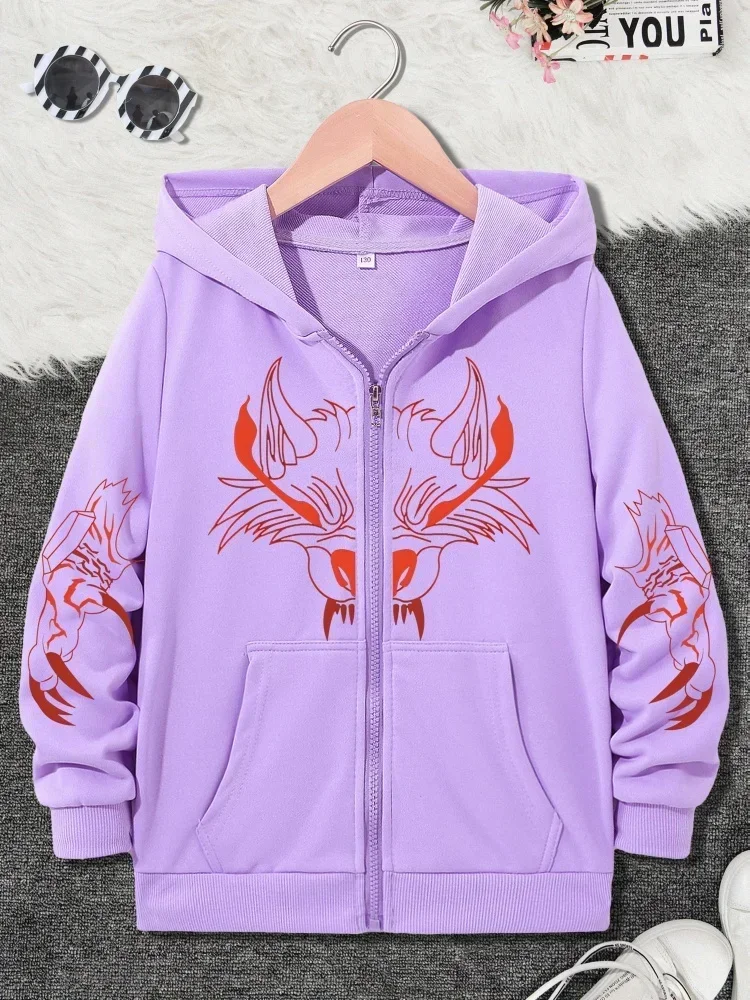 Boys Purple Full Zip Hooded Coat Trendy Red Dragon Graphic Soft Long Sleeve Daily Outerwear For Children